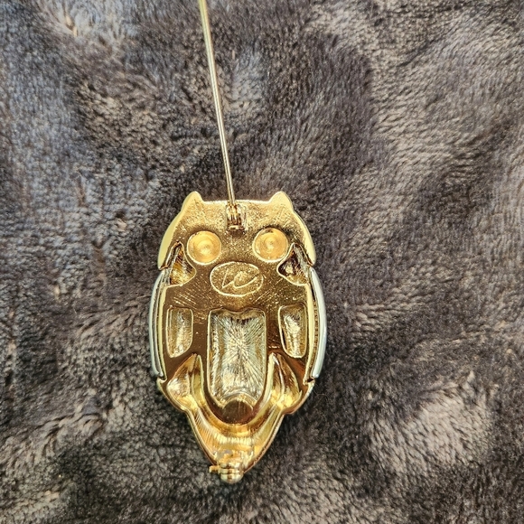Vintage 80s Liz Claiborne Silver And Gold Tone Owl Brooch with Rhinestone Eyes - Picture 2 of 5